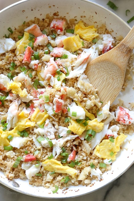 King Crab fried rice is one of my favorite dishes we often order when dining at a local Japanese restaurant. Every time I order it, I always say I'm going to try this with riced cauliflower, so finally I did and it was SO good!