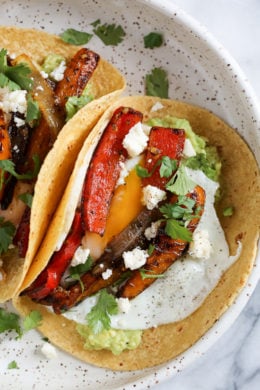 I just love tacos with eggs, and these breakfast fajitas are no exception. Loaded with peppers and onions, guacamole and a runny egg on top (you can prepare the eggs however you like).