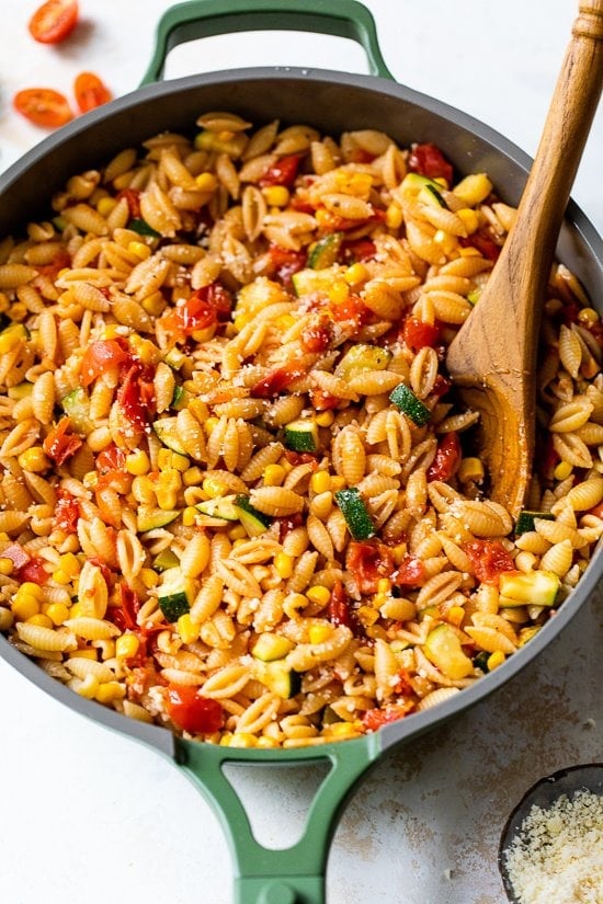 Summer Cavatelli Pasta with Corn, Tomatoes and Zucchini