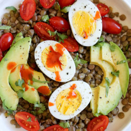 Lentils with hard boiled eggs, tomatoes, avocado, a squeeze of lime juice, cilantro and a few dashes of hot sauce is a really simple meatless lunch I like to make for myself anytime I have cooked lentils (or sometimes I buy them cooked).