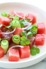 Juicy watermelon and soy-marinated Ahi tuna with cucumbers makes a delicious, light, summer salad appetizer or first course when you need a dish to impress!