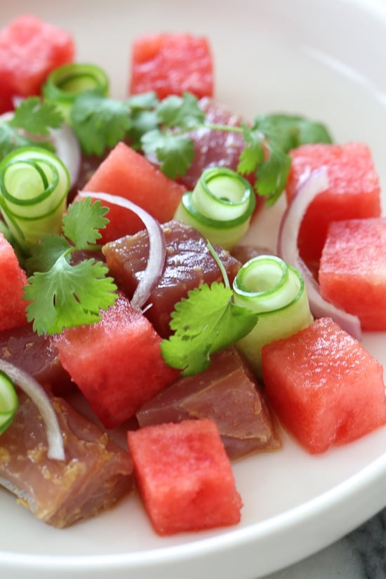 Juicy watermelon and soy-marinated Ahi tuna with cucumbers makes a delicious, light, summer salad appetizer or first course when you need a dish to impress!
