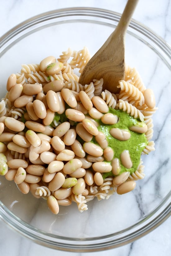 White beans and pasta in a bowl.