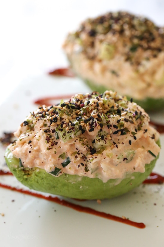 All the flavors in a Spicy California roll without the rice! These avocados are stuffed with lump crab, cucumbers and spicy mayo topped with furakike and drizzled with soy sauce. I’ve had this idea in my head all week, I wasn’t exactly sure how it would come out but I’m obsessed with them, they came out so good!