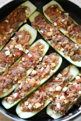 These Stuffed Zucchinis, which are low-carb, Whole30, Keto, gluten-free, dairy-free and Paleo, are inspired from a Colombian dish, Pepino Rellenos which I fell in love with when I was there many years ago.