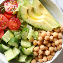 This Chickpea and Avocado salad is my go-to lunch when I need something fast and healthy! I load it up with garden vegetables and top it with a little olive oil and lemon, or olive oil and vinegar depending on my mood. Super simple, fresh and fills me up!