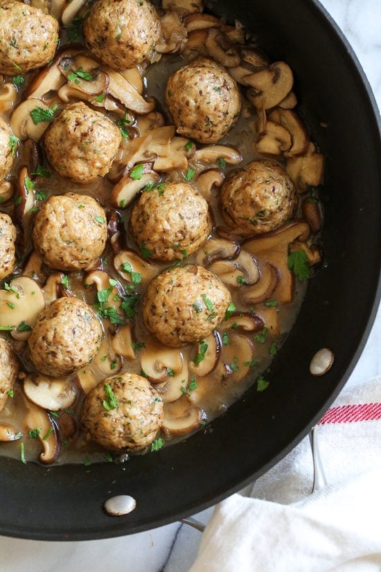 These Chicken Marsala Meatballs are a fun twist in the classic dish! Great served over butternut squash or egg noodles.