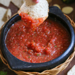 Get the chips ready for this quick and easy No-Cook Salsa recipe! In less than five minutes, you will have a delicious, healthy appetizer or snack everyone will love. It's bright, fresh and takes under 5 minutes!