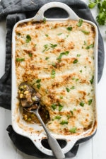 This fast and fresh vegetarian Shepherd’s Pie made with Portobello mushroom, carrots, peas, corn, and onions, all topped with leftover Skinny Garlic Mashed Potatoes, is the perfect after-Holiday fix.