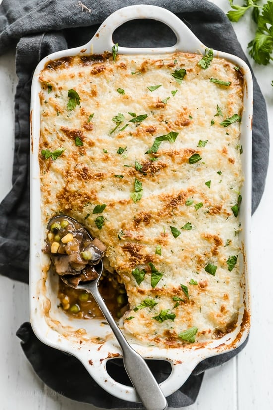 This fast and fresh vegetarian Shepherd’s Pie made with Portobello mushroom, carrots, peas, corn, and onions, all topped with leftover Skinny Garlic Mashed Potatoes, is the perfect after-Holiday fix.