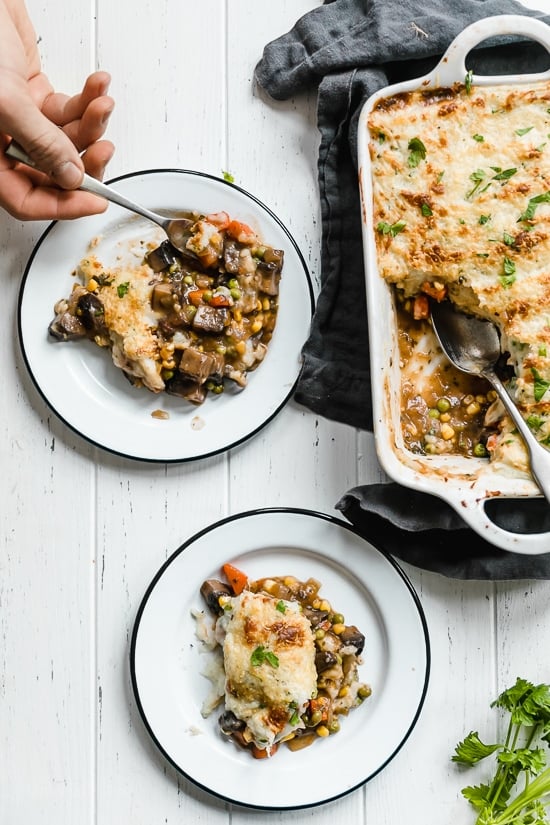 This fast and fresh vegetarian Shepherd’s Pie made with Portobello mushroom, carrots, peas, corn, and onions, all topped with leftover Skinny Garlic Mashed Potatoes, is the perfect after-Holiday fix.