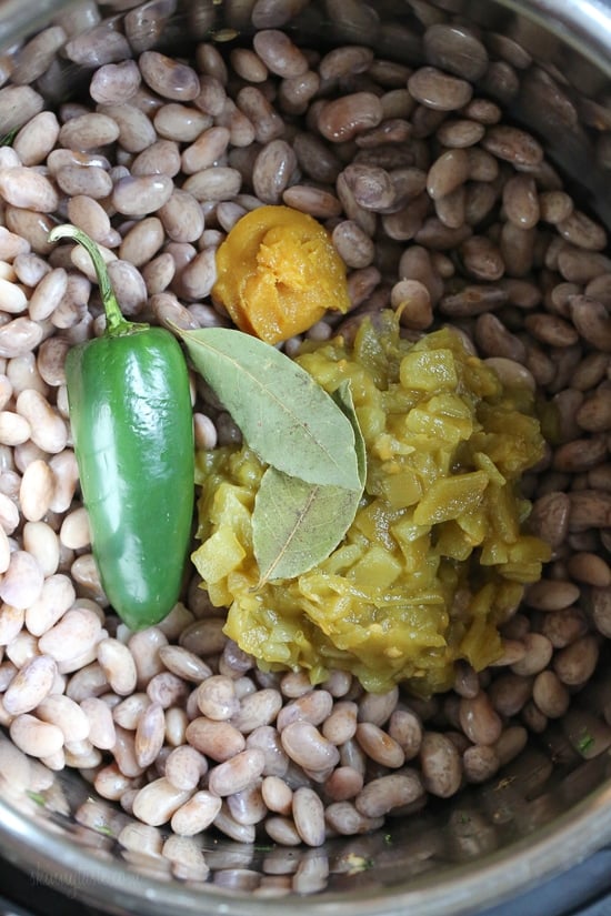 Pinto beans, chilies and spices in an Instant Pot bowl.