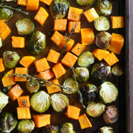 Roasted Brussels Sprouts and Butternut Squash are tossed with olive oil, salt and pepper for an easy Fall side dish! Simply place them on a sheet pan and bake until tender and the Brussels are slightly charred on the edges.