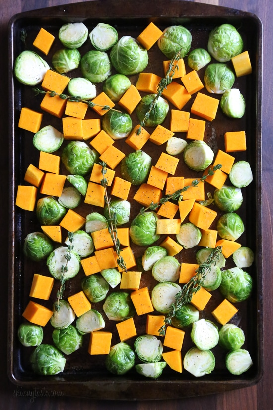 Roasted Brussels Sprouts and Butternut Squash Roasted Brussels Sprouts and Butternut Squash are tossed with olive oil, salt and pepper for an easy Fall side dish! Simply place them on a sheet pan and bake until tender and the Brussels are slightly charred on the edges.