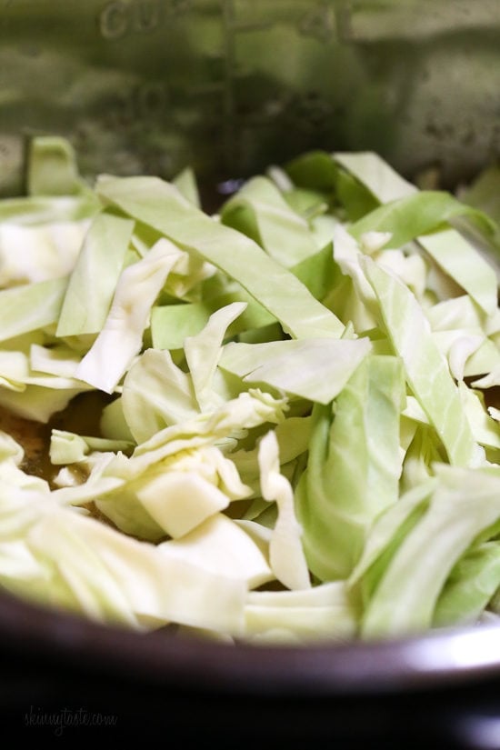 If you’re looking for leftover ham recipes, you’ll love this leftover ham bone and potato soup! It’s hearty, flavorful, and easy to make too. Cabbage in pot for ham soup