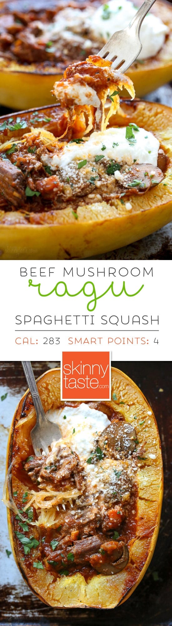 I swapped traditional pasta for roasted spaghetti squash to enjoy this cozy and delicious Beef and Mushroom Ragu served with a dallop of ricotta and grated Pecorino Romano – you won't miss the pasta! #instantpot #spaghettisquash