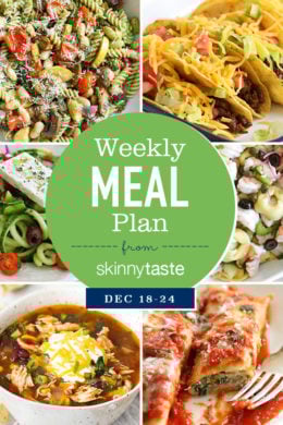 A detailed, thorough 7-day Skinnytaste meal plan that includes breakfast, lunch and dinner for the entire week, and an organized grocery list that will make grocery shopping so much easier and much less stressful.