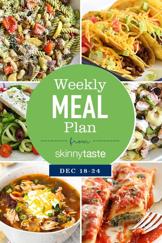 A detailed, thorough 7-day Skinnytaste meal plan that includes breakfast, lunch and dinner for the entire week, and an organized grocery list that will make grocery shopping so much easier and much less stressful.
