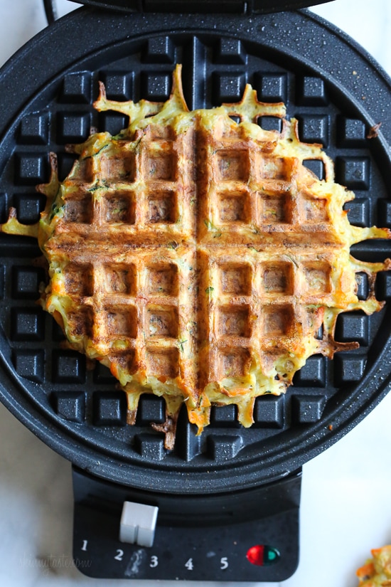 These veggie-packed latkes, are not your traditional latkes, they’re made with shredded potatoes, carrots, zucchini and bell pepper, and they are cooked in a waffle iron so there’s no need to fry! Top them with sour cream, lox and capers or with apple sauce on the side.