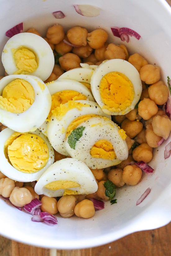 This easy chickpea and egg salad is so simple and delicious for lunch (or breakfast!). It's inexpensive to make, high in protein and fiber and great to make ahead for the week.