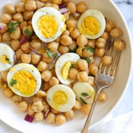 This easy chickpea and egg salad is so simple and delicious for lunch (or breakfast!). It's inexpensive to make, high in protein and fiber and great to make ahead for the week.