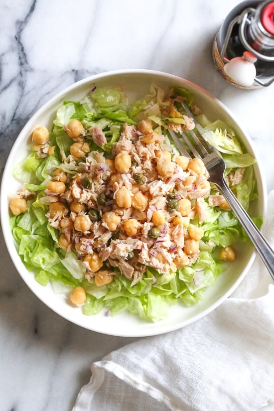 Chickpea Tuna Salad with capers is perfect for lunch! Quick and easy for meal prep! Healthy and filling, this mayo-less Tuna Salad is loaded with protein and Omega 3s and tastes even better the next day.