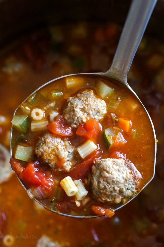 Instant Pot Turkey Meatball Soup is loaded with mini turkey meatball, zucchini, vegetables, and ditalini pasta. Hearty and healthy! A scoop of ditalini turkey meatball soup over a pot