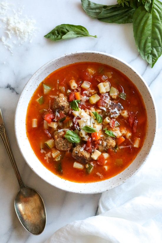 Instant Pot Turkey Meatball Soup is loaded with mini turkey meatball, zucchini, vegetables, and ditalini pasta. Hearty and healthy! A bowl of turkey meatball and ditalini soup