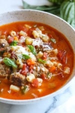 This hearty soup is loaded with mini turkey meatball, zucchini, vegetables and ditalini pasta. I love to add a Parmesan cheese rind to my soup, my secret for extra flavor but it's totally optional!