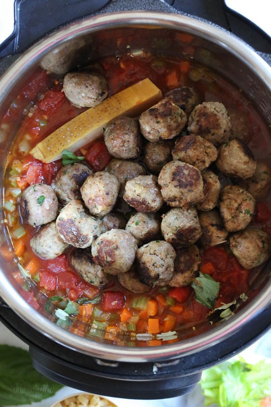 Instant Pot Turkey Meatball Soup is loaded with mini turkey meatball, zucchini, vegetables, and ditalini pasta. Hearty and healthy! Turkey meatballs added to soup in the instant pot