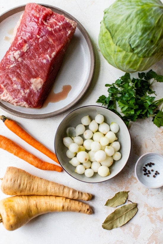 Corned Beef, Cabbage, pearl onions and carrots