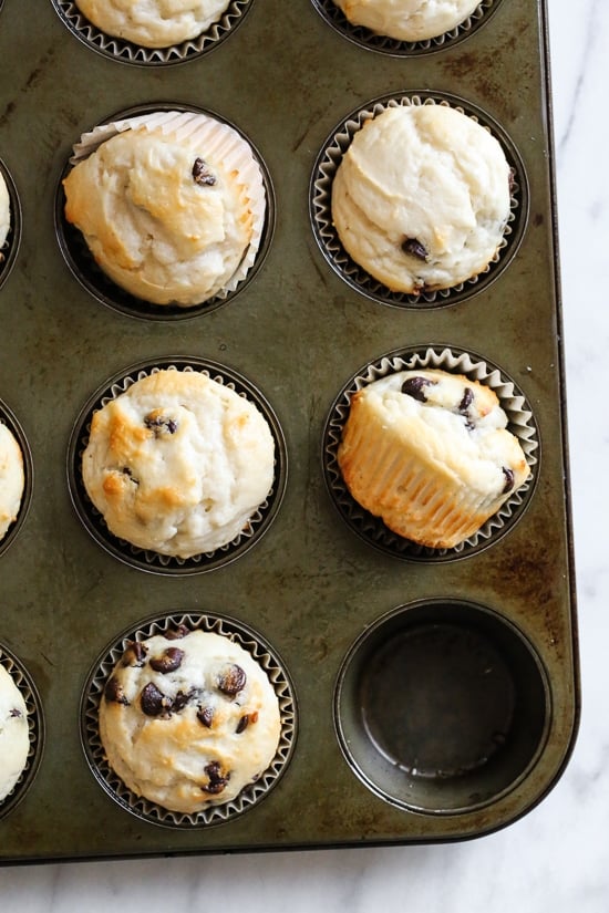 These easy chocolate chip muffins are moist and high in protein thanks to the addition of Greek yogurt. The perfect to make ahead breakfast! Top-down view of chocolate chip muffins in muffin pan
