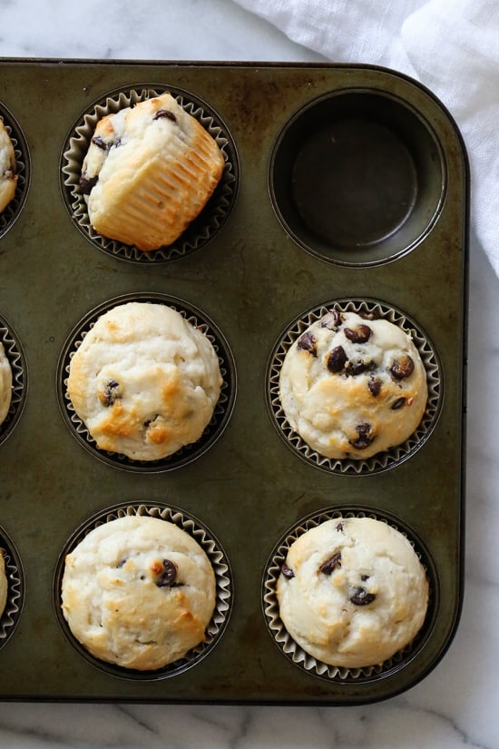 These easy chocolate chip muffins are moist and high in protein thanks to the addition of Greek yogurt. The perfect to make ahead breakfast! Light and fluffy chocolate chip muffins in pan