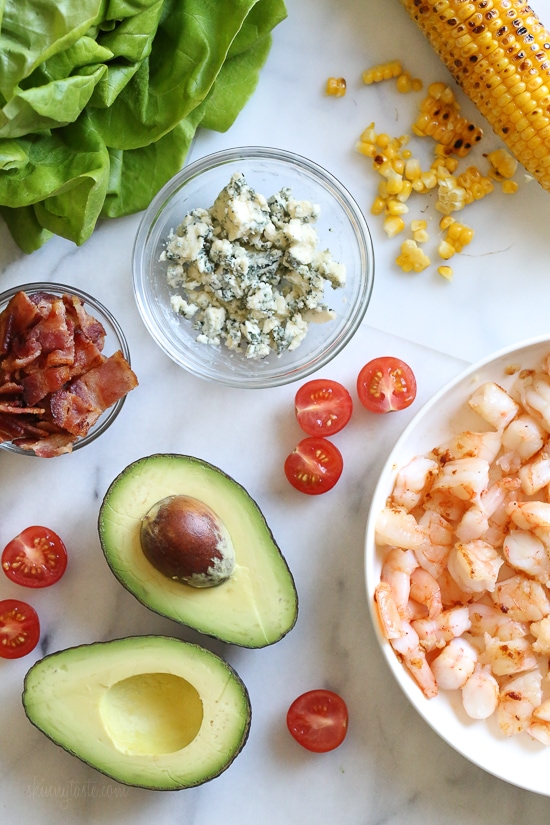 This hearty Chopped Salad with Shrimp, Blue Cheese and Bacon is simple and satisfying!