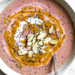 Strawberry Peanut Butter Swirl Smoothie Bowls – absolutely delicious, this is my new go-to 5-minute smoothie bowl with just a few ingredients! A satisfying, nutrient-rich, plant-based breakfast, snack or even dessert!