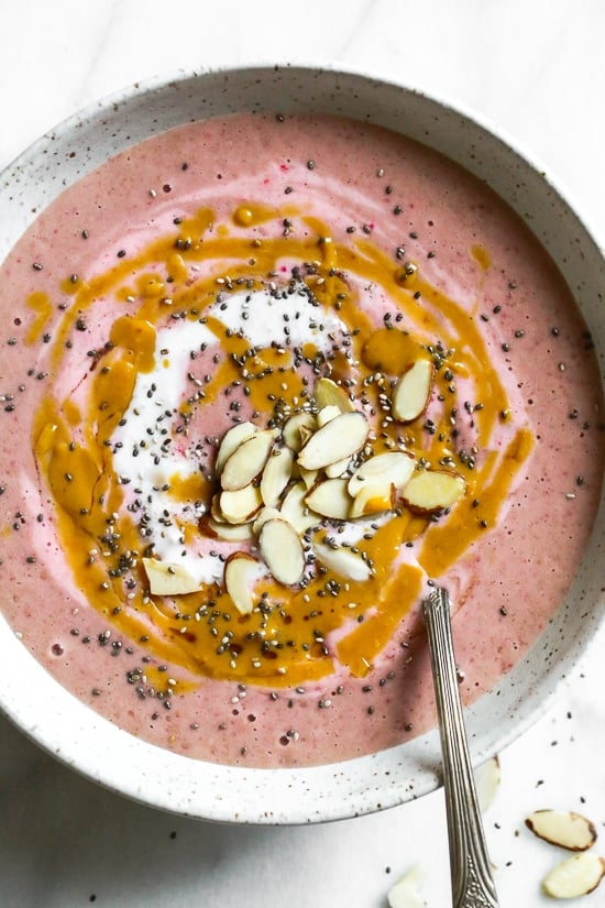 Strawberry Peanut Butter Swirl Smoothie Bowls – absolutely delicious, this is my new go-to 5-minute smoothie bowl with just a few ingredients! A satisfying, nutrient-rich, plant-based breakfast, snack or even dessert!