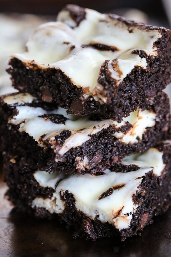 These homemade, cheesecake brownies are SO good and they are gluten-free and flourless by using almond meal in place of wheat flour, then swirled with a cheesecake topping!