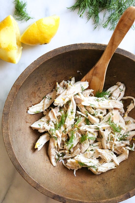 This simple, healthy chicken salad is made with breast meat from a cooked rotisserie chicken, fresh lemon and dill. Fast and easy, and perfect for all diets including low-carb, keto, Whole30, Paleo and of course, Weight Watchers.