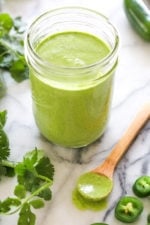 Peruvian green sauce also known as Aji Verde is a spicy bright green condiment typically found in any Peruvian restaurant.