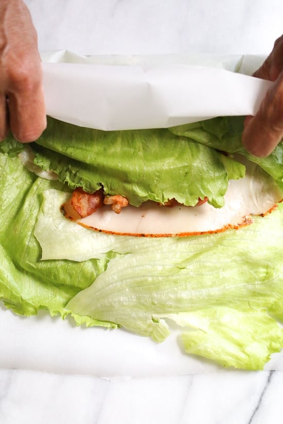 Chicken Club Lettuce Wrap Sandwich, a low-carb (keto) lunch idea that replaces a wheat wrap for a lettuce wrap. Just 5 ingredients, and less than 10 minutes to make!