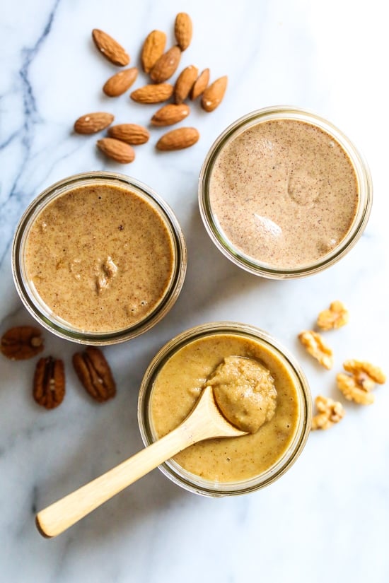 Homemade nut butter is so simple to make, just two ingredients (nuts and salt)! Simply toast the nuts then put them in the food processor. Here I made nut butter three ways; almond butter, walnut butter and pecan butter but any tree nut would work.