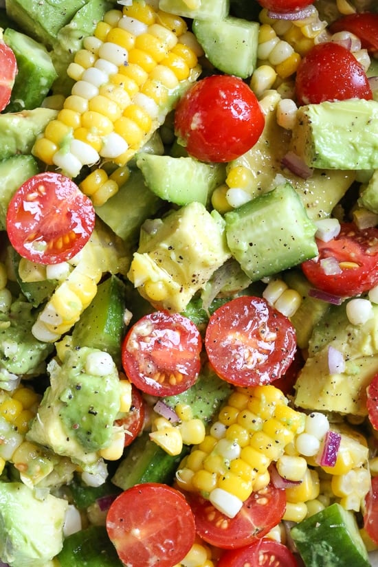 corn, tomatoes, cucumbers and avocado.