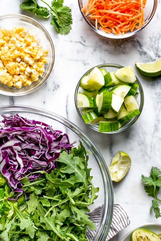 This refreshing Thai-style salad with greens, herbs, veggies and shrimp, all tossed in a delicious cashew dressing, is the perfect one-dish summer dinner.