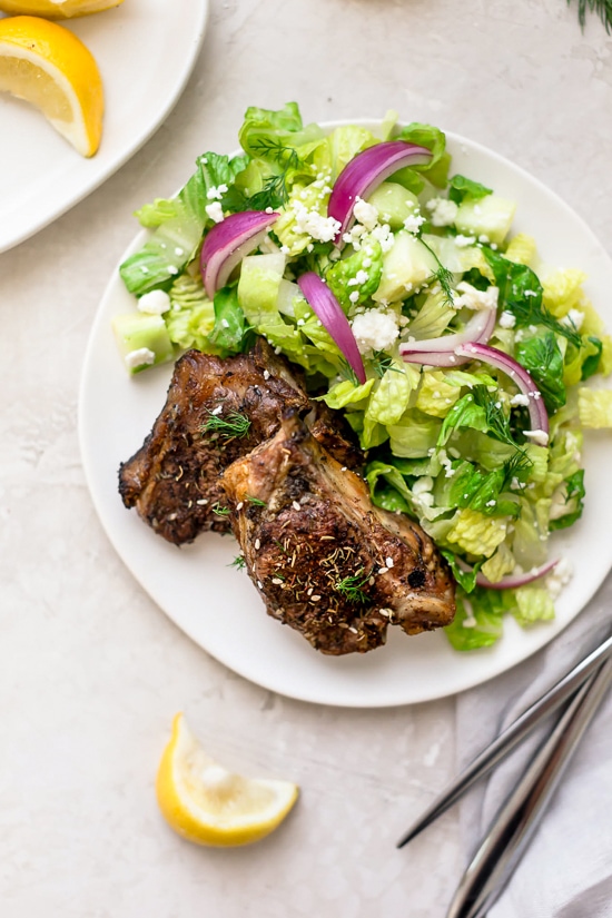 Grilled lamb loin chops seasoned with Za'atar, a Mediterranean blend of sumac, thyme, sesame and salt.