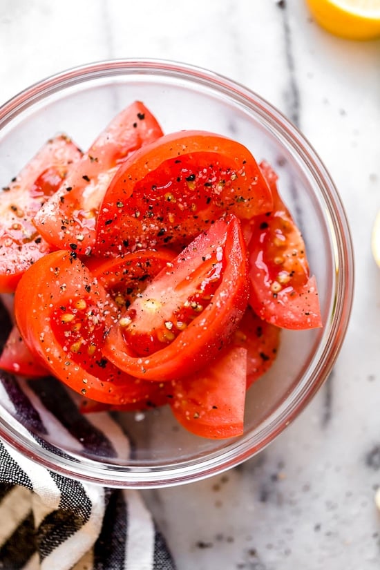 This quick and easy chicken salad is made with the breast meat of a Rotisserie chicken, avocados, fresh tomatoes, basil and lemon juice.