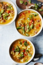Cheeseburger Soup is a rich and cheesy bowl of comfort food made on the lighter side. It's quick and easy, loaded with turkey and potatoes in every bite!