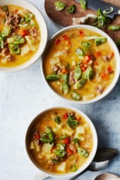 Cheeseburger Soup is a rich and cheesy bowl of comfort food made on the lighter side. It's quick and easy, loaded with turkey and potatoes in every bite!
