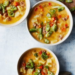 Cheeseburger Soup is a rich and cheesy bowl of comfort food made on the lighter side. It's quick and easy, loaded with turkey and potatoes in every bite!