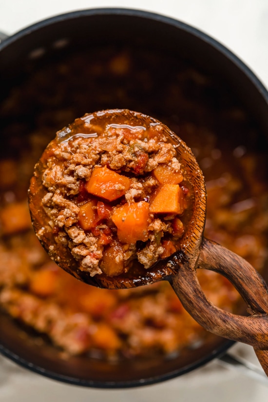 This Turkey Sweet Potato Chili is so good, you might want to double the recipe!! It's made with no beans, but you can of course add them if you wish!