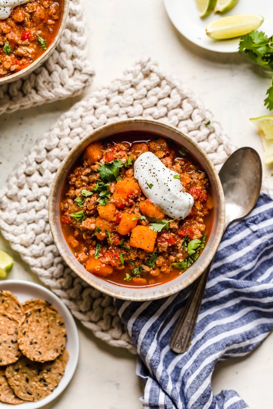 This Turkey Sweet Potato Chili is so good, you might want to double the recipe!! It's made with no beans, but you can of course add them if you wish!